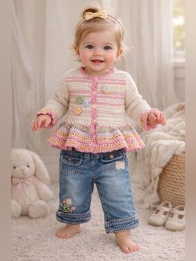 Vintage Baby Girl Outfit Please Mum Sweater 2T + Floral Jeans 18M Cottagecore